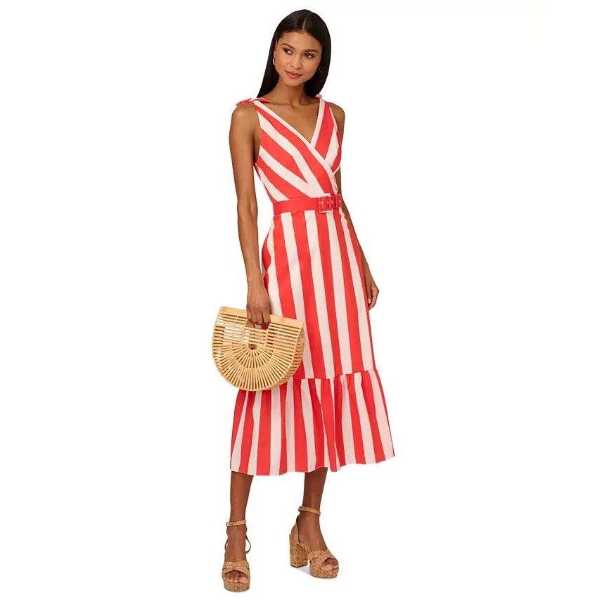 Adrianna Papell Women's Summer Striped Midi Dress Red & White 6 "No Belt"